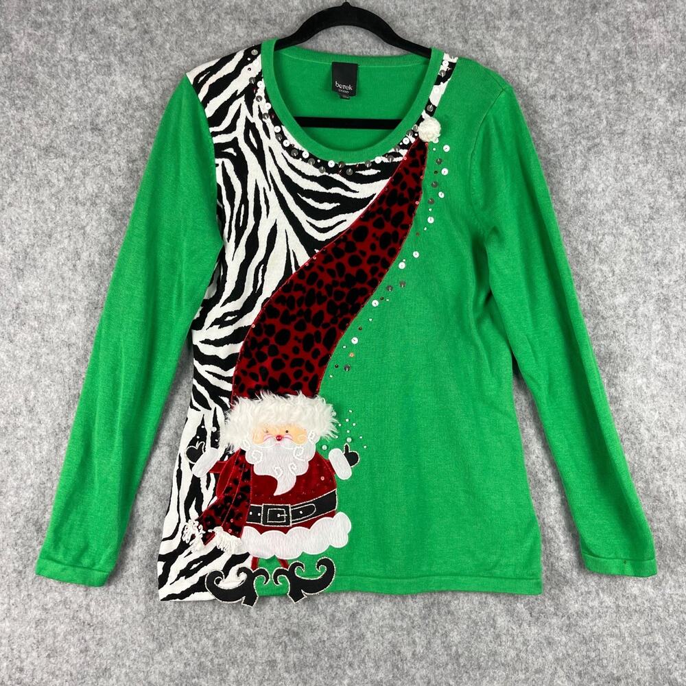 Berek Studio Ugly Christmas Sweater‎ Womens Medium Green Santa Beaded Sequin 3D